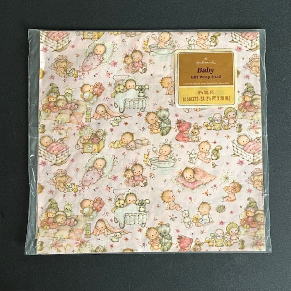 Vintage Hallmark Baby Gift Wrap Mary Hamilton Pink Girl Wrapping Paper 2 Sheets